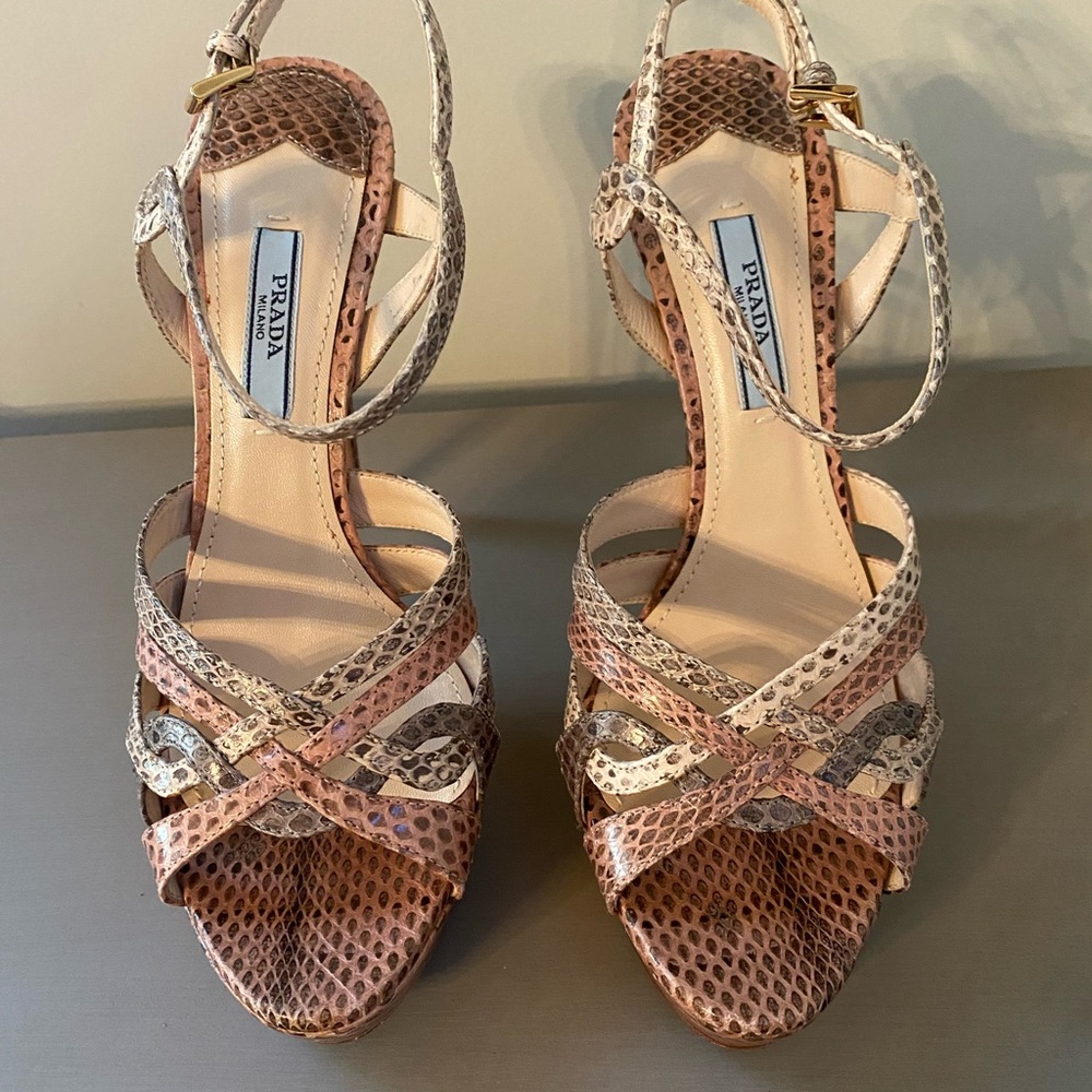 Prada Snake Print Open Toe Heels Size 7 - image 1